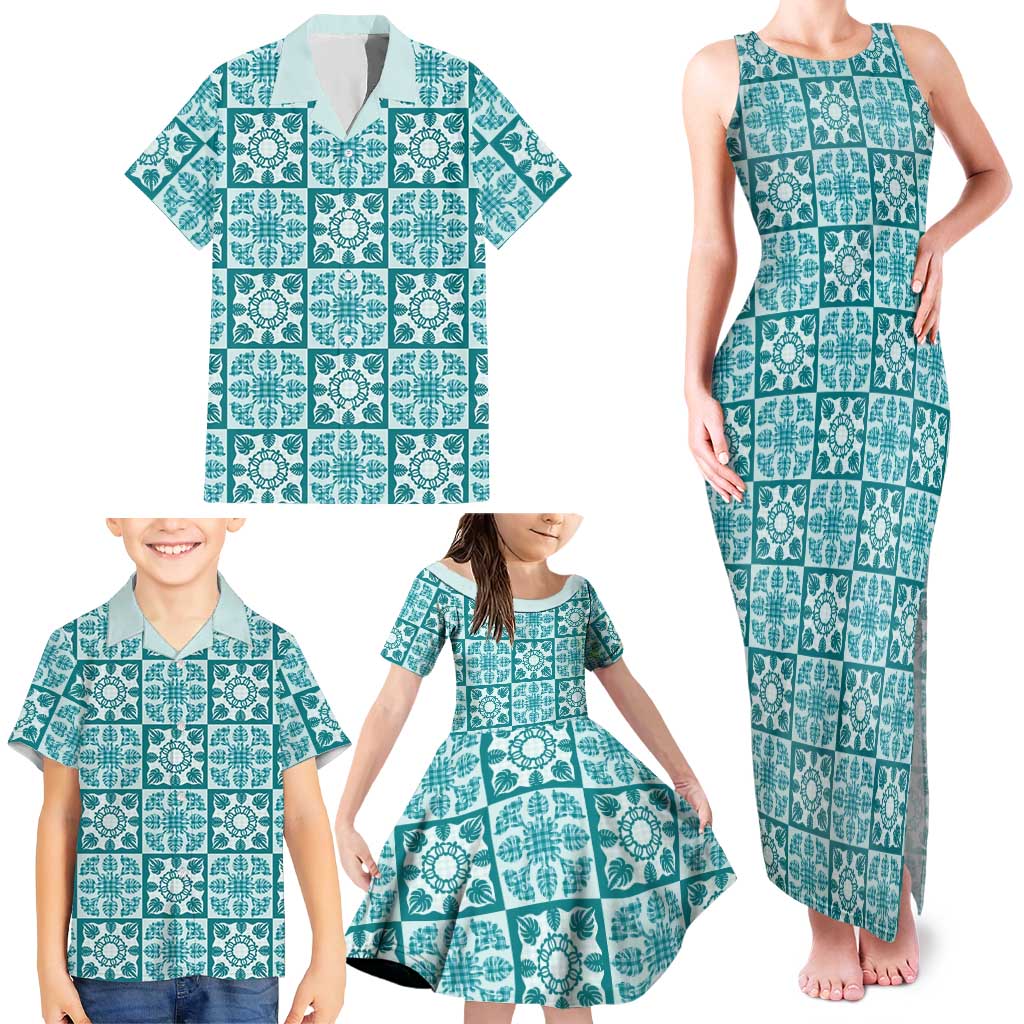 Cyan Palaka Quilt Hawaii Family Matching Tank Maxi Dress and Hawaiian Shirt Hawaiian Tropical Monstera Sea Turtle