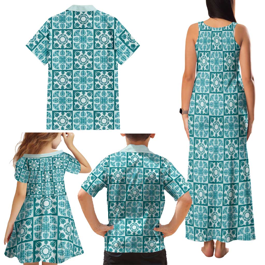 Cyan Palaka Quilt Hawaii Family Matching Tank Maxi Dress and Hawaiian Shirt Hawaiian Tropical Monstera Sea Turtle