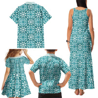 Cyan Palaka Quilt Hawaii Family Matching Tank Maxi Dress and Hawaiian Shirt Hawaiian Tropical Monstera Sea Turtle