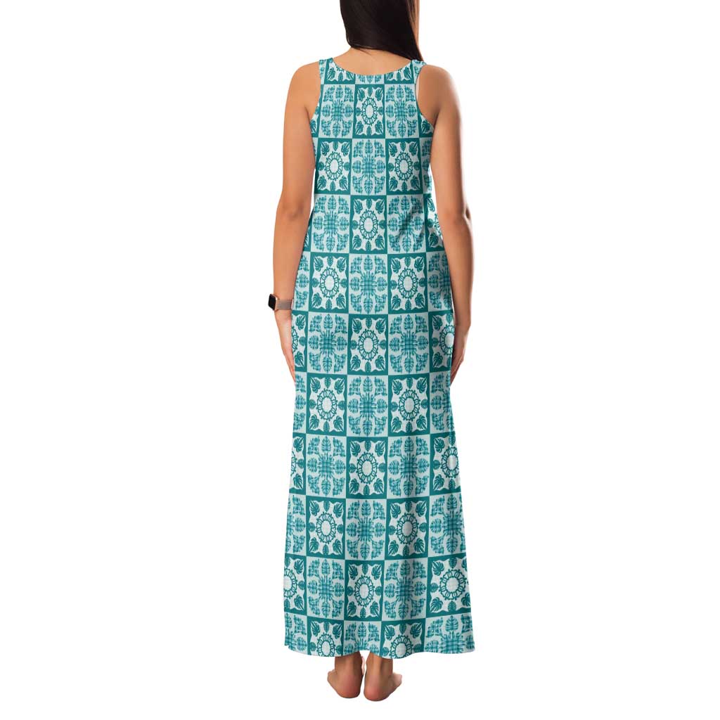 Cyan Palaka Quilt Hawaii Family Matching Tank Maxi Dress and Hawaiian Shirt Hawaiian Tropical Monstera Sea Turtle