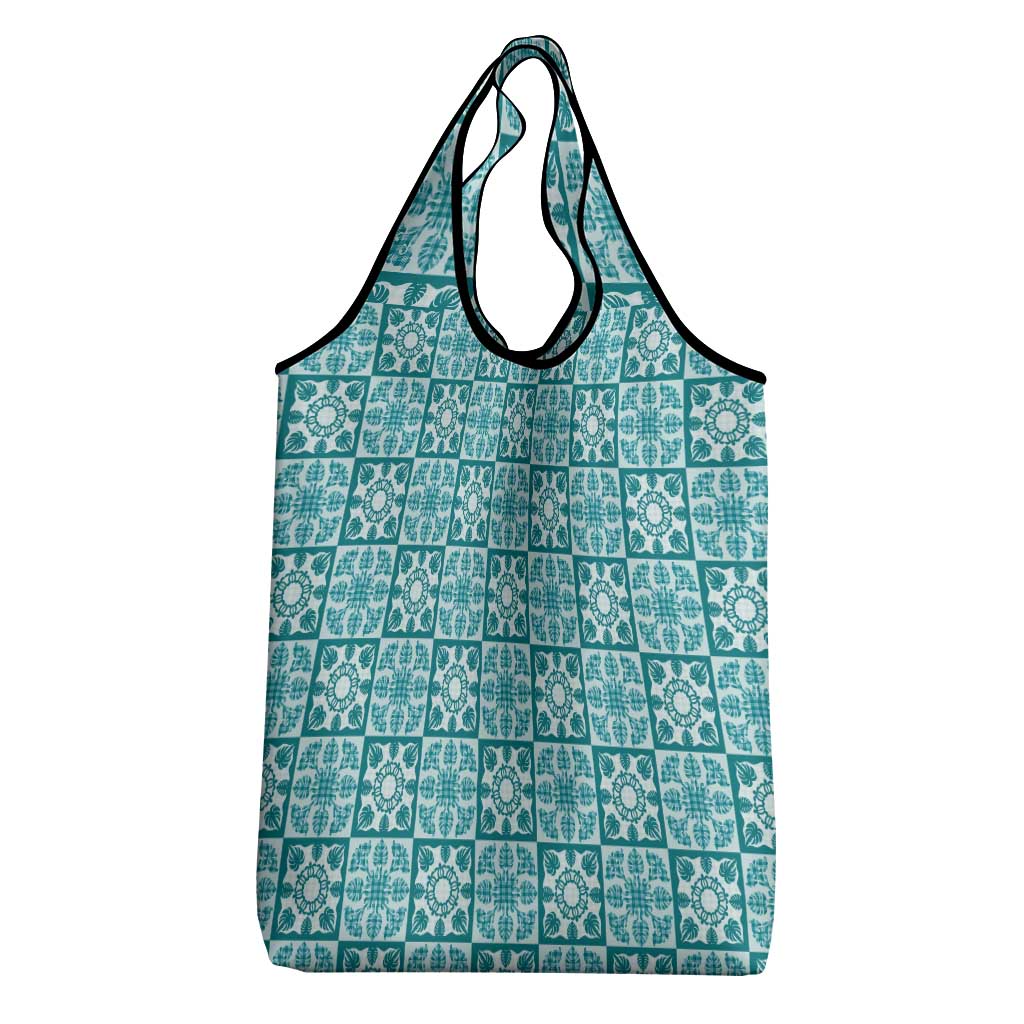 Cyan Palaka Quilt Hawaii Grocery Bag Hawaiian Tropical Monstera Sea Turtle