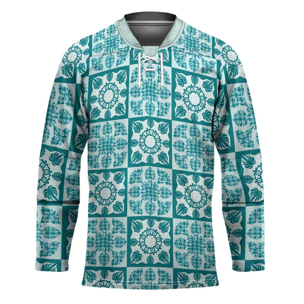 Cyan Palaka Quilt Hawaii Hockey Jersey Hawaiian Tropical Monstera Sea Turtle LT14 Unisex Cyan - Polynesian Pride