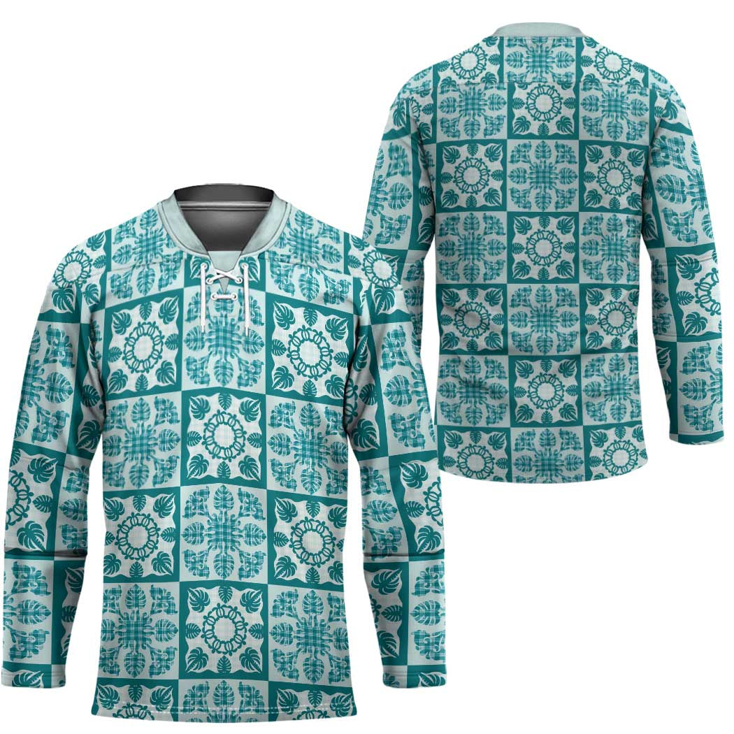Cyan Palaka Quilt Hawaii Hockey Jersey Hawaiian Tropical Monstera Sea Turtle LT14 - Polynesian Pride