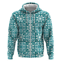 Cyan Palaka Quilt Hawaii Hoodie Hawaiian Tropical Monstera Sea Turtle