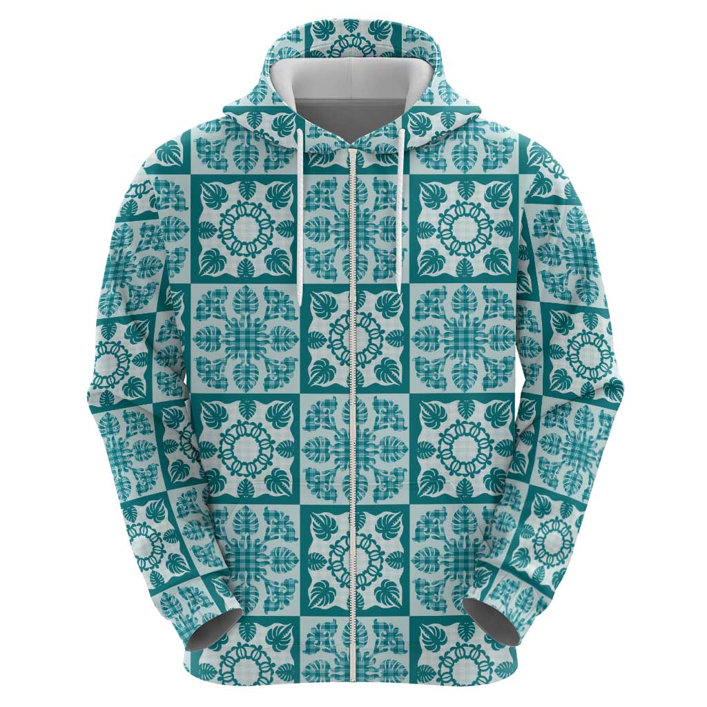 Cyan Palaka Quilt Hawaii Hoodie Hawaiian Tropical Monstera Sea Turtle