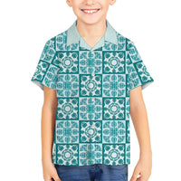 Cyan Palaka Quilt Hawaii Kid Hawaiian Shirt Hawaiian Tropical Monstera Sea Turtle LT14 Kid Cyan - Polynesian Pride