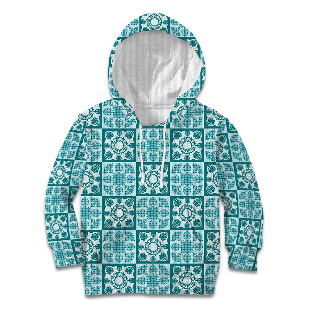 Cyan Palaka Quilt Hawaii Kid Hoodie Hawaiian Tropical Monstera Sea Turtle LT14 Hoodie Cyan - Polynesian Pride