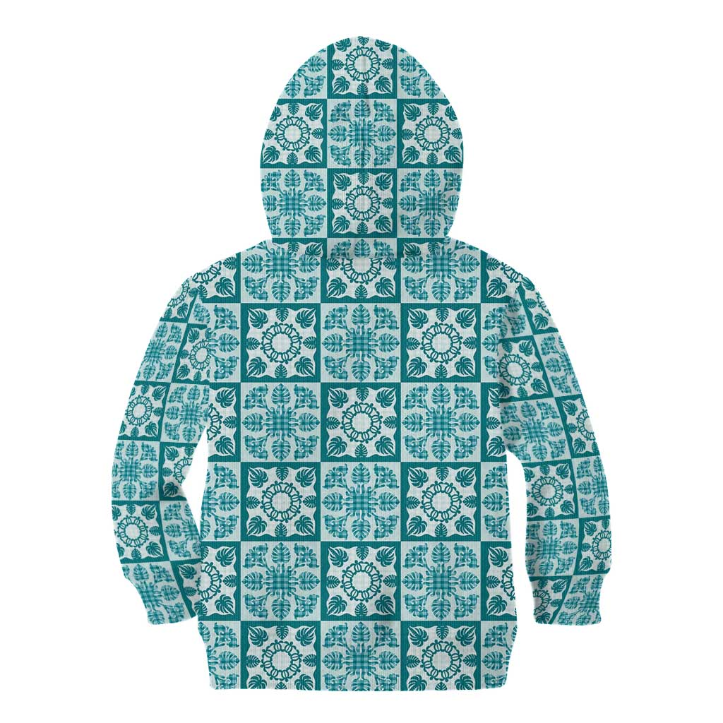 Cyan Palaka Quilt Hawaii Kid Hoodie Hawaiian Tropical Monstera Sea Turtle LT14 - Polynesian Pride