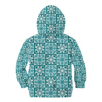 Cyan Palaka Quilt Hawaii Kid Hoodie Hawaiian Tropical Monstera Sea Turtle LT14 - Polynesian Pride