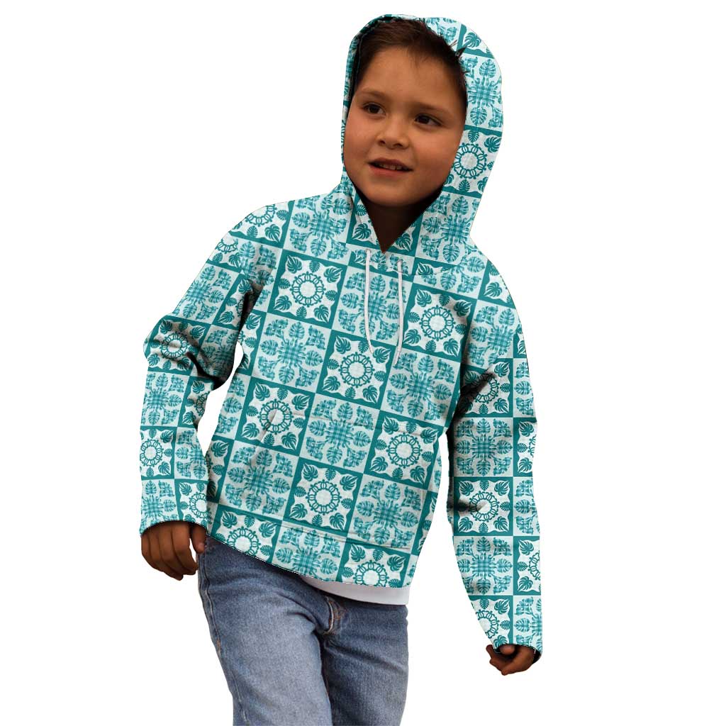 Cyan Palaka Quilt Hawaii Kid Hoodie Hawaiian Tropical Monstera Sea Turtle LT14 - Polynesian Pride