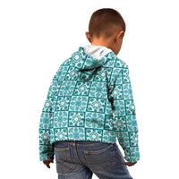 Cyan Palaka Quilt Hawaii Kid Hoodie Hawaiian Tropical Monstera Sea Turtle LT14 - Polynesian Pride