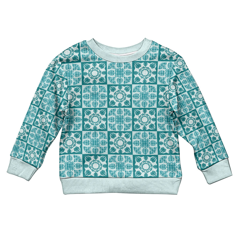 Cyan Palaka Quilt Hawaii Kid Ugly Christmas Sweater Hawaiian Tropical Monstera Sea Turtle LT14 Kid Cyan - Polynesian Pride