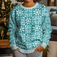 Cyan Palaka Quilt Hawaii Kid Ugly Christmas Sweater Hawaiian Tropical Monstera Sea Turtle LT14 - Polynesian Pride