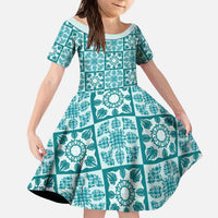 Cyan Palaka Quilt Hawaii Kid Short Sleeve Dress Hawaiian Tropical Monstera Sea Turtle LT14 KID Cyan - Polynesian Pride