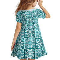 Cyan Palaka Quilt Hawaii Kid Short Sleeve Dress Hawaiian Tropical Monstera Sea Turtle LT14 - Polynesian Pride