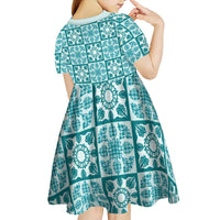 Cyan Palaka Quilt Hawaii Kid Short Sleeve Dress Hawaiian Tropical Monstera Sea Turtle LT14 - Polynesian Pride