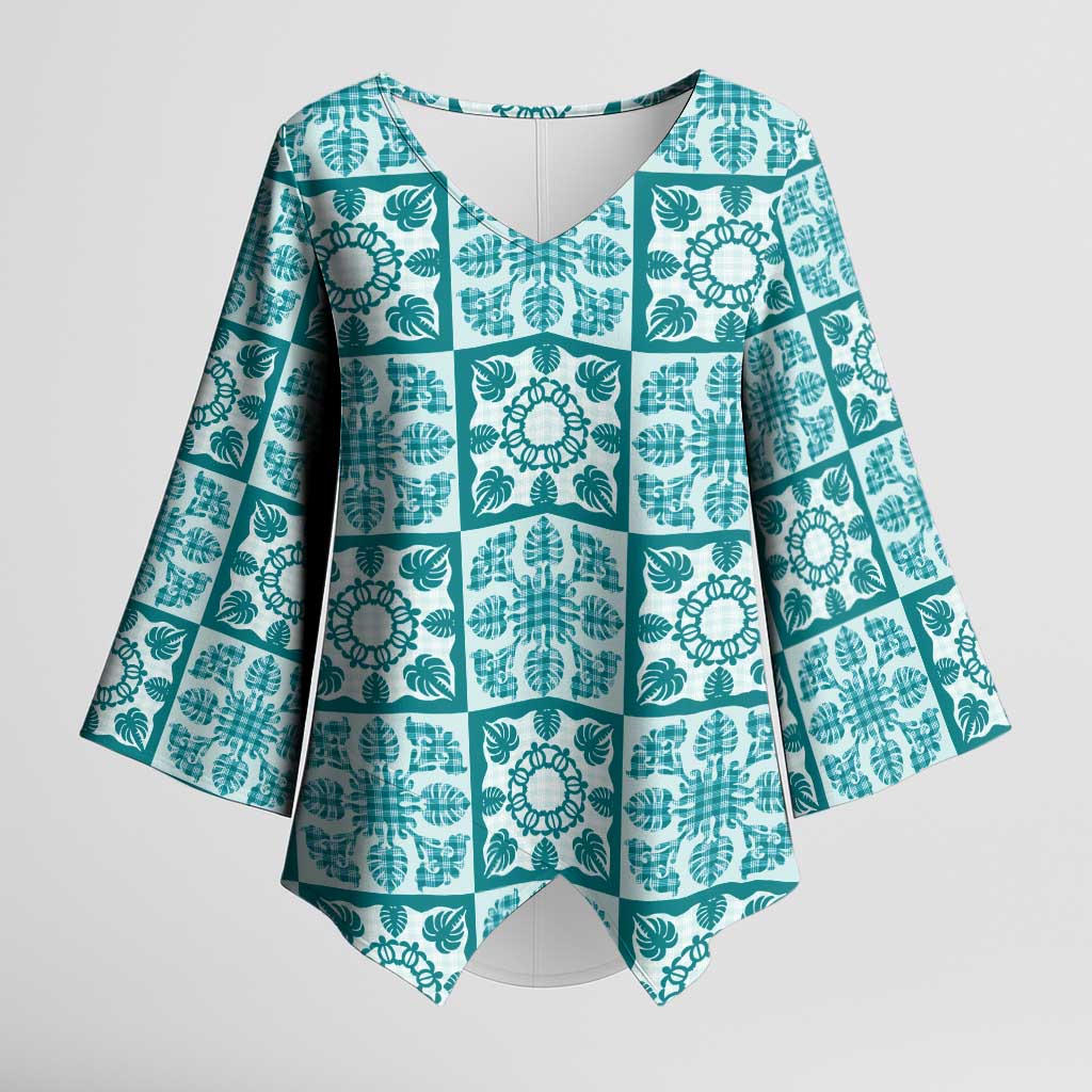 Cyan Palaka Quilt Hawaii Kimono Sleeve Blouse Hawaiian Tropical Monstera Sea Turtle LT14 Female Cyan - Polynesian Pride