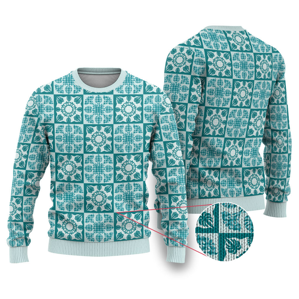 Cyan Palaka Quilt Hawaii Ugly Christmas Sweater Hawaiian Tropical Monstera Sea Turtle LT14 Cyan - Polynesian Pride