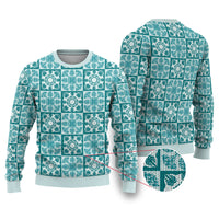 Cyan Palaka Quilt Hawaii Ugly Christmas Sweater Hawaiian Tropical Monstera Sea Turtle LT14 Cyan - Polynesian Pride