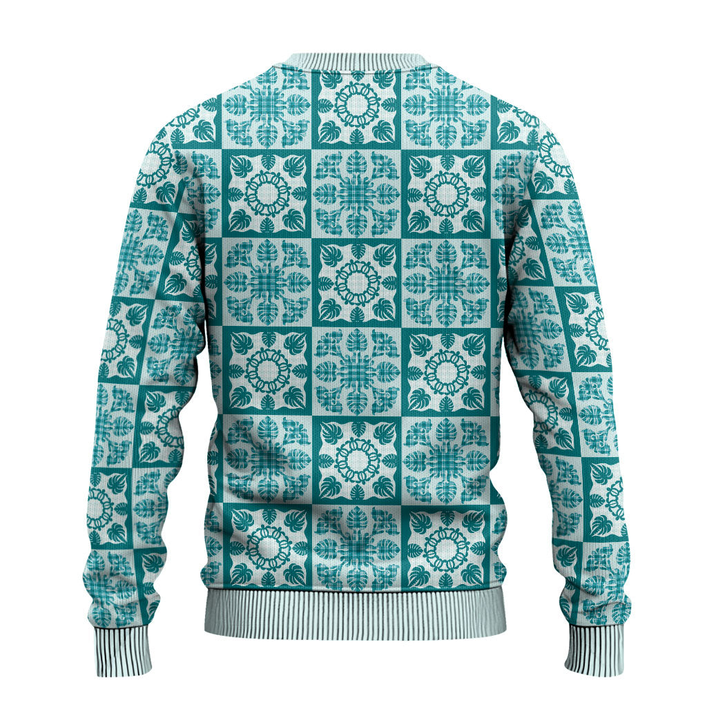 Cyan Palaka Quilt Hawaii Ugly Christmas Sweater Hawaiian Tropical Monstera Sea Turtle LT14 - Polynesian Pride