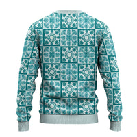 Cyan Palaka Quilt Hawaii Ugly Christmas Sweater Hawaiian Tropical Monstera Sea Turtle LT14 - Polynesian Pride