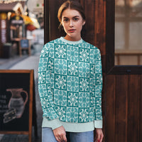 Cyan Palaka Quilt Hawaii Ugly Christmas Sweater Hawaiian Tropical Monstera Sea Turtle LT14 - Polynesian Pride