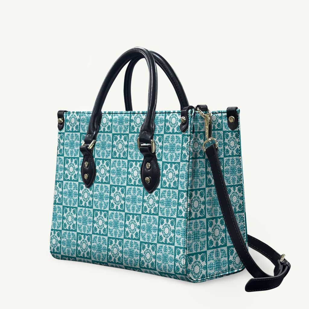 Cyan Palaka Quilt Hawaii Leather Bag Hawaiian Tropical Monstera Sea Turtle LT14 Cyan - Polynesian Pride