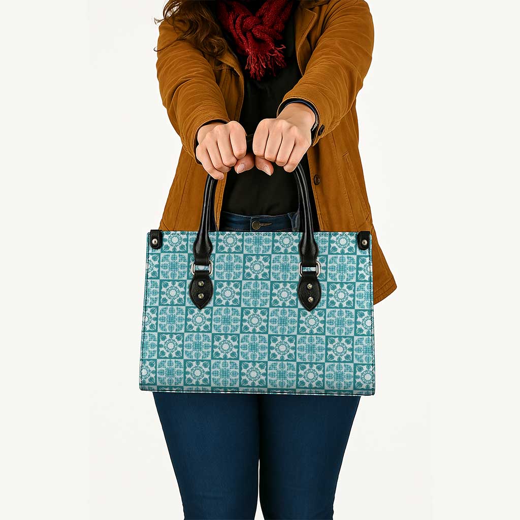 Cyan Palaka Quilt Hawaii Leather Bag Hawaiian Tropical Monstera Sea Turtle LT14 - Polynesian Pride