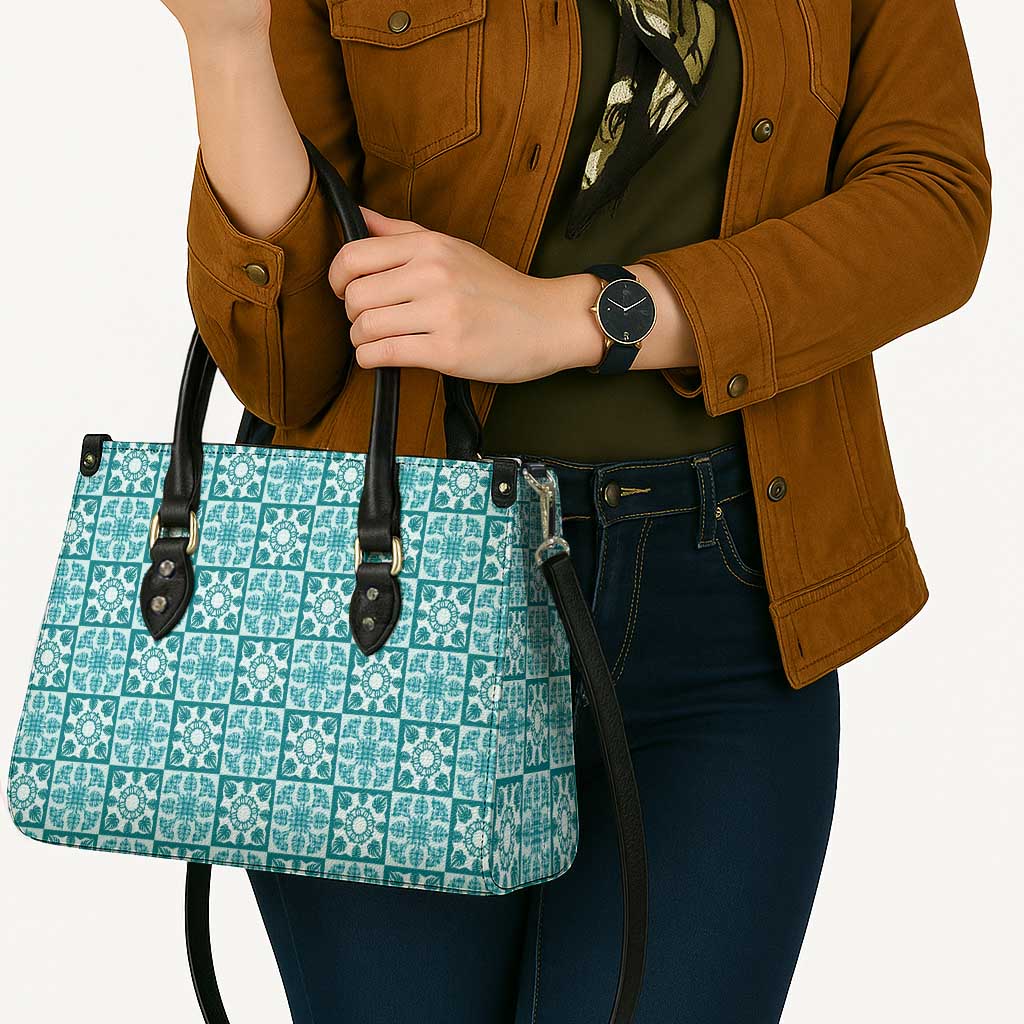 Cyan Palaka Quilt Hawaii Leather Bag Hawaiian Tropical Monstera Sea Turtle LT14 - Polynesian Pride
