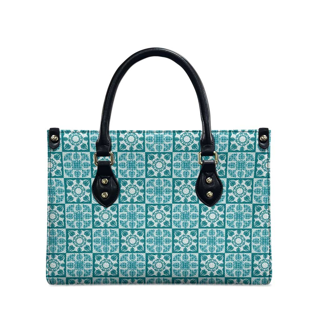 Cyan Palaka Quilt Hawaii Leather Bag Hawaiian Tropical Monstera Sea Turtle LT14 - Polynesian Pride