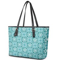 Cyan Palaka Quilt Hawaii Leather Tote Bag Hawaiian Tropical Monstera Sea Turtle