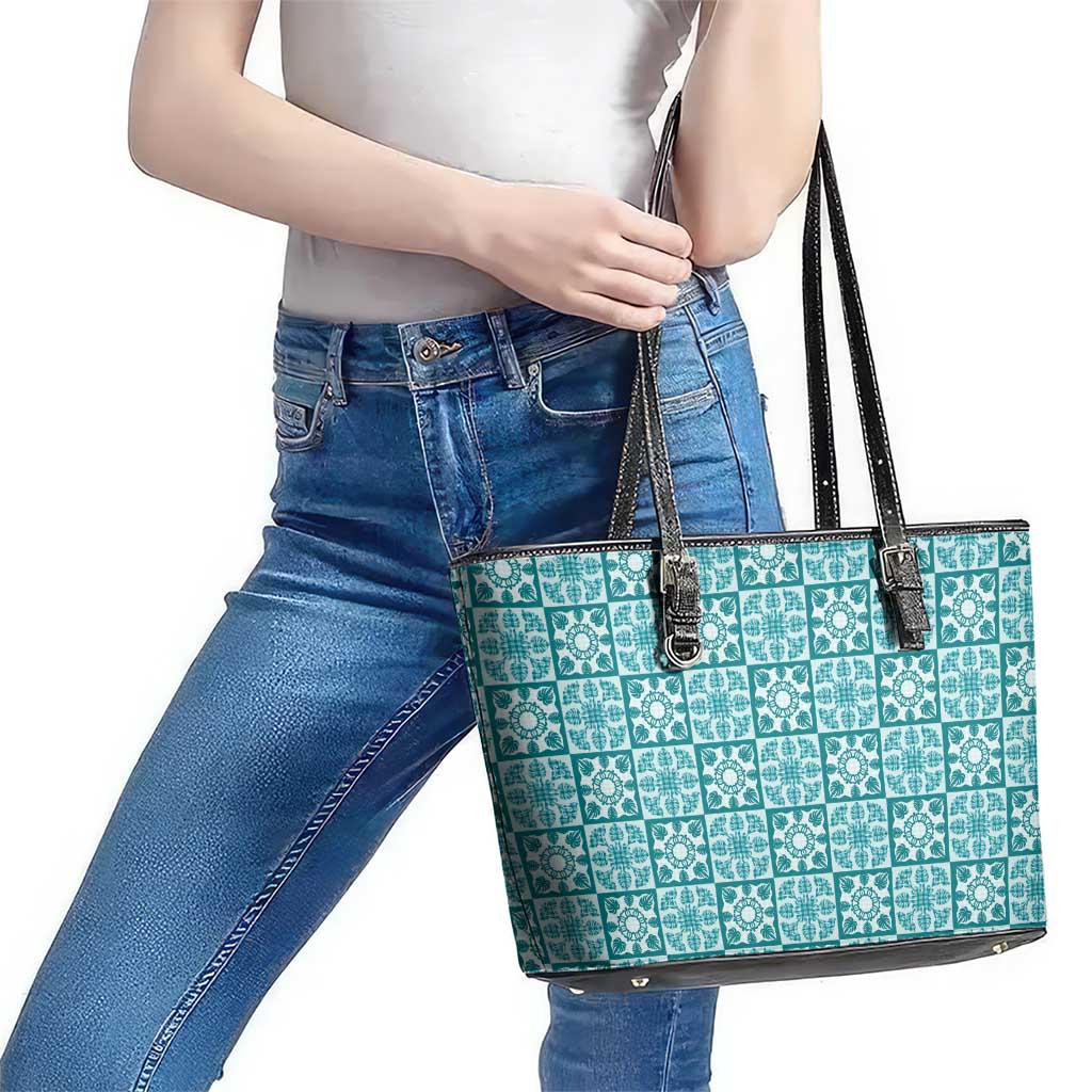 Cyan Palaka Quilt Hawaii Leather Tote Bag Hawaiian Tropical Monstera Sea Turtle