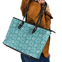 Cyan Palaka Quilt Hawaii Leather Tote Bag Hawaiian Tropical Monstera Sea Turtle