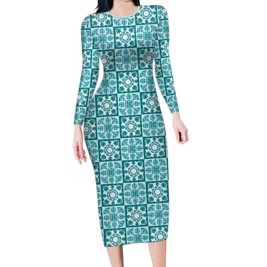 Cyan Palaka Quilt Hawaii Long Sleeve Bodycon Dress Hawaiian Tropical Monstera Sea Turtle LT14 Long Dress Cyan - Polynesian Pride