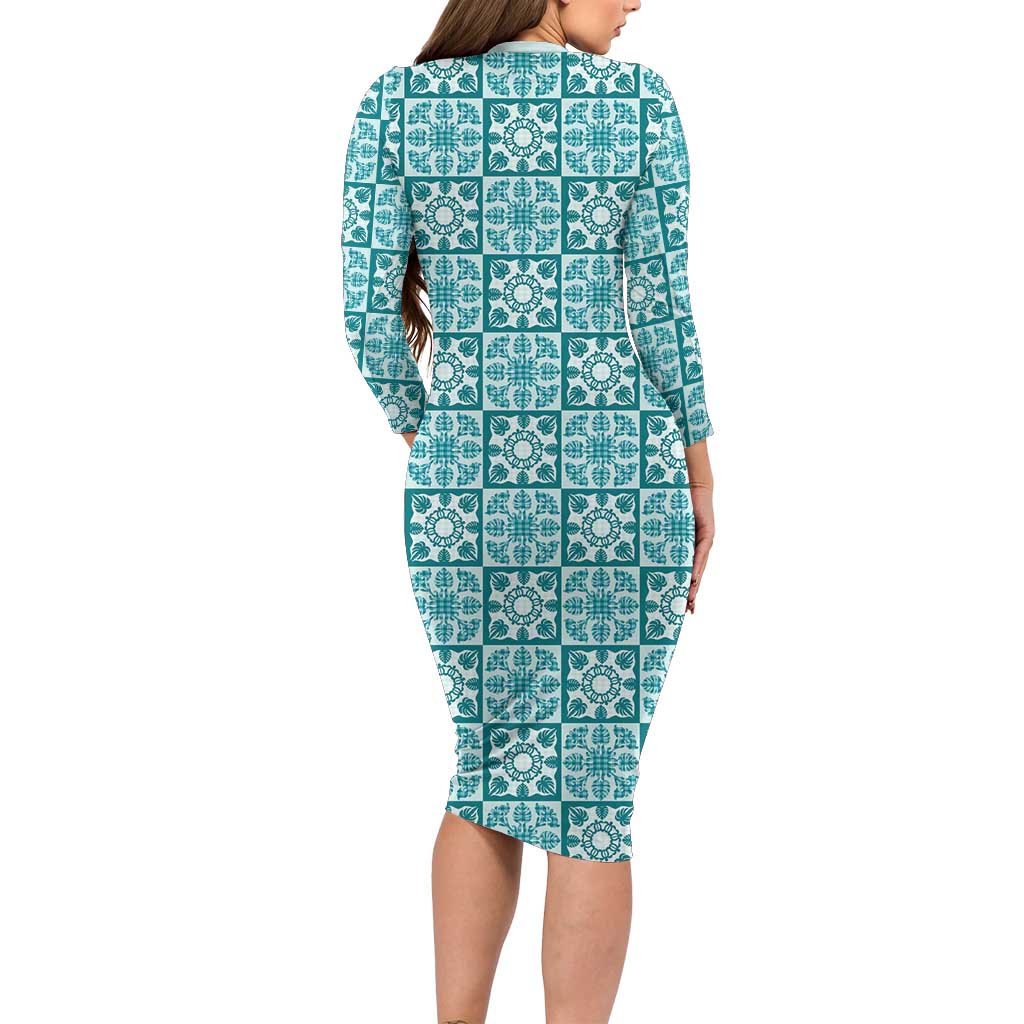 Cyan Palaka Quilt Hawaii Long Sleeve Bodycon Dress Hawaiian Tropical Monstera Sea Turtle LT14 - Polynesian Pride