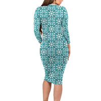 Cyan Palaka Quilt Hawaii Long Sleeve Bodycon Dress Hawaiian Tropical Monstera Sea Turtle LT14 - Polynesian Pride