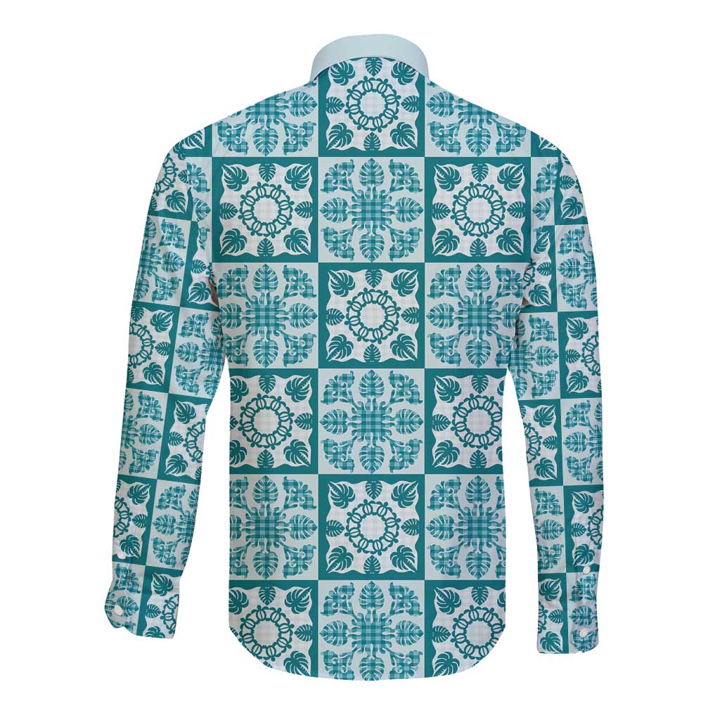 Cyan Palaka Quilt Hawaii Long Sleeve Button Shirt Hawaiian Tropical Monstera Sea Turtle