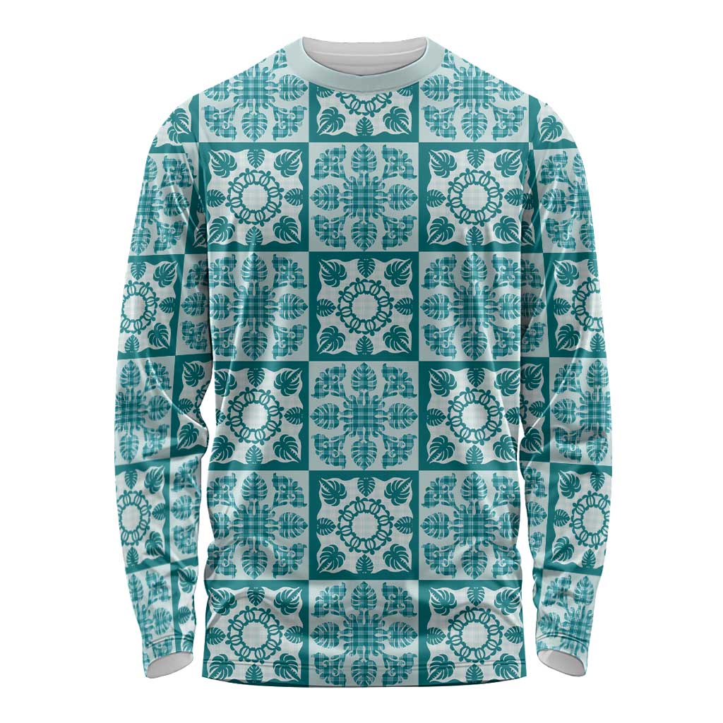 Cyan Palaka Quilt Hawaii Long Sleeve Shirt Hawaiian Tropical Monstera Sea Turtle LT14 Unisex Cyan - Polynesian Pride