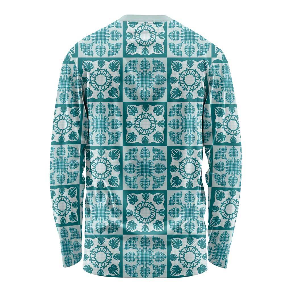Cyan Palaka Quilt Hawaii Long Sleeve Shirt Hawaiian Tropical Monstera Sea Turtle
