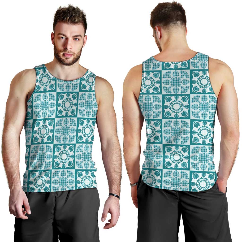 Cyan Palaka Quilt Hawaii Men Tank Top Hawaiian Tropical Monstera Sea Turtle