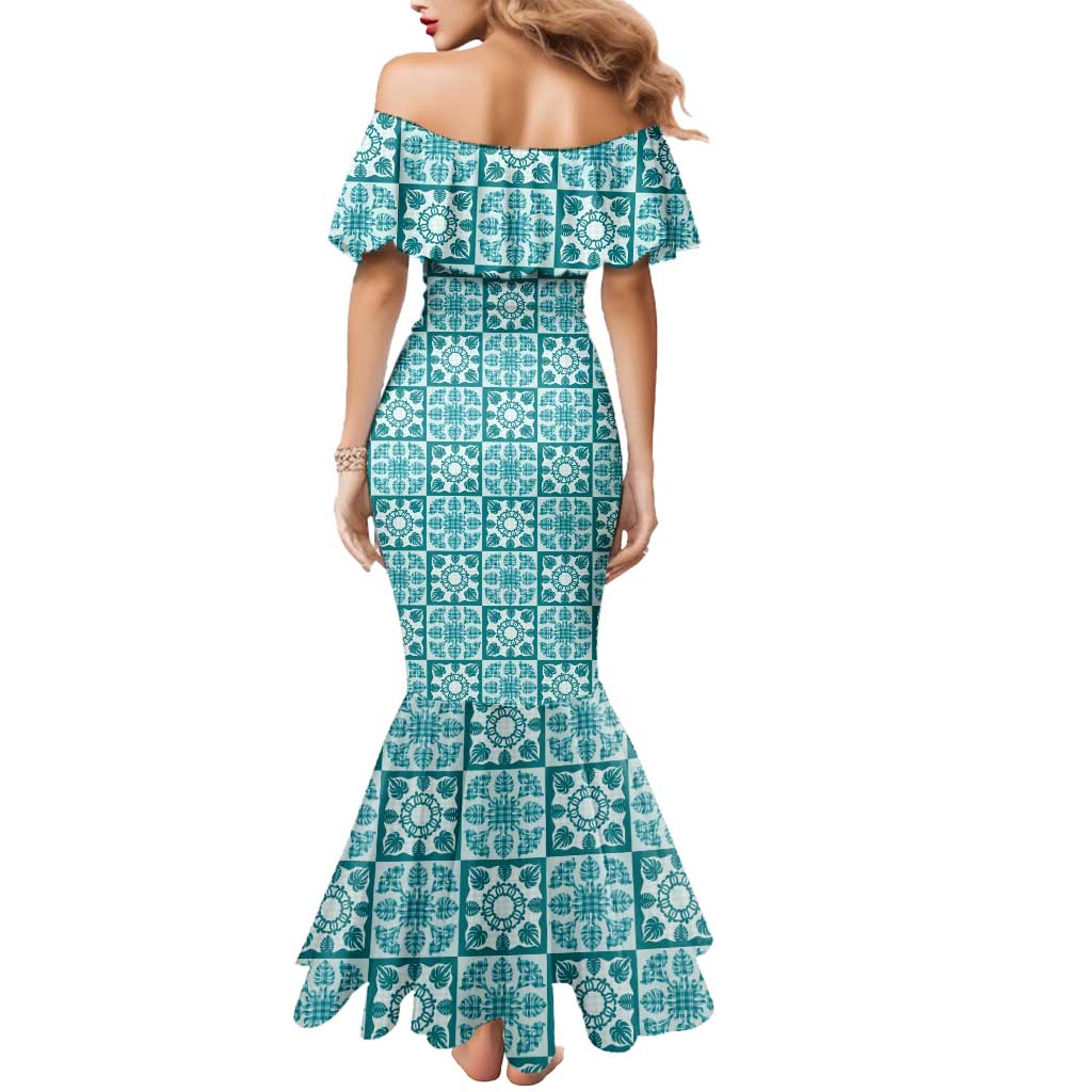 Cyan Palaka Quilt Hawaii Mermaid Dress Hawaiian Tropical Monstera Sea Turtle LT14 - Polynesian Pride