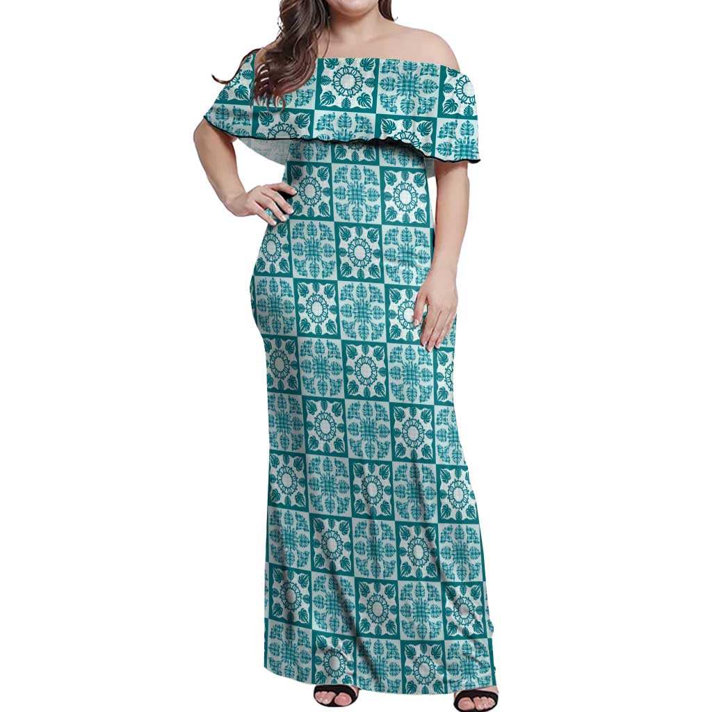 Cyan Palaka Quilt Hawaii Off Shoulder Maxi Dress Hawaiian Tropical Monstera Sea Turtle LT14 Women Cyan - Polynesian Pride