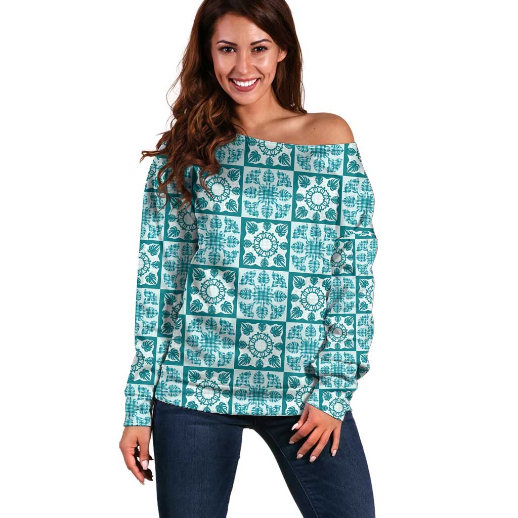 Cyan Palaka Quilt Hawaii Off Shoulder Sweater Hawaiian Tropical Monstera Sea Turtle LT14 Women Cyan - Polynesian Pride