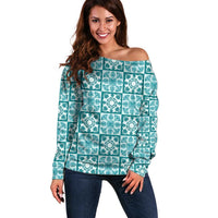 Cyan Palaka Quilt Hawaii Off Shoulder Sweater Hawaiian Tropical Monstera Sea Turtle LT14 Women Cyan - Polynesian Pride