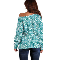 Cyan Palaka Quilt Hawaii Off Shoulder Sweater Hawaiian Tropical Monstera Sea Turtle LT14 - Polynesian Pride