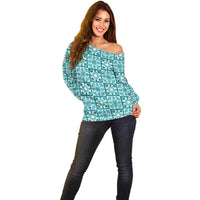 Cyan Palaka Quilt Hawaii Off Shoulder Sweater Hawaiian Tropical Monstera Sea Turtle LT14 - Polynesian Pride