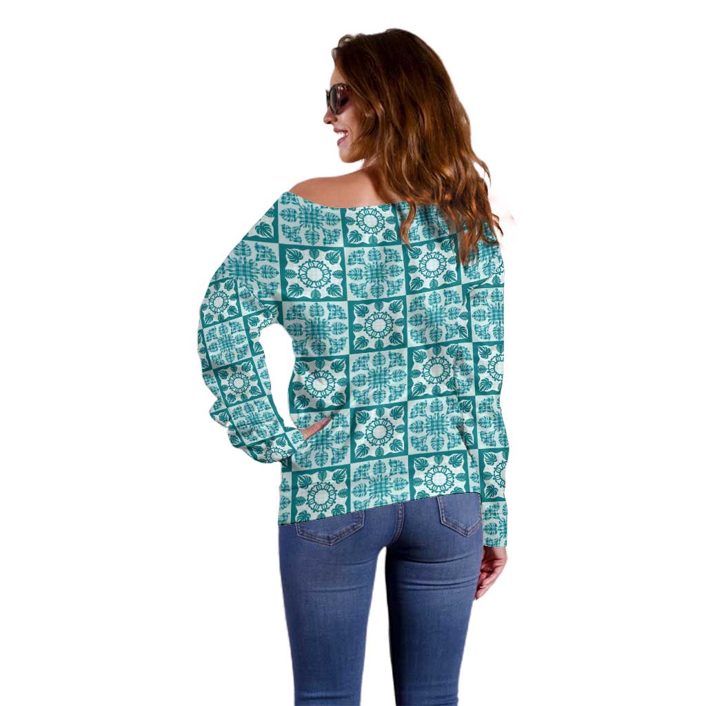 Cyan Palaka Quilt Hawaii Off Shoulder Sweater Hawaiian Tropical Monstera Sea Turtle LT14 - Polynesian Pride