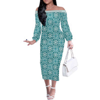 Cyan Palaka Quilt Hawaii Off The Shoulder Long Sleeve Dress Hawaiian Tropical Monstera Sea Turtle LT14 Women Cyan - Polynesian Pride