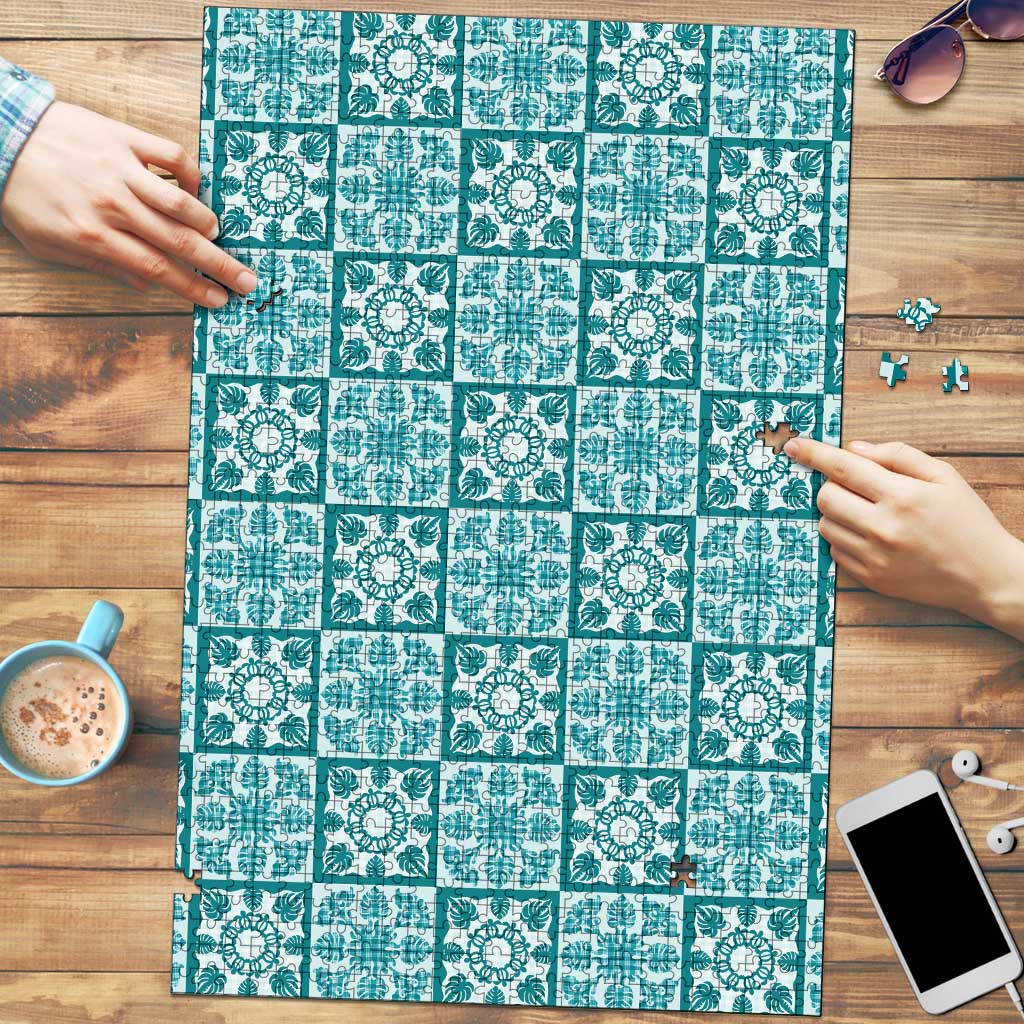 Cyan Palaka Quilt Hawaii Puzzle Hawaiian Tropical Monstera Sea Turtle