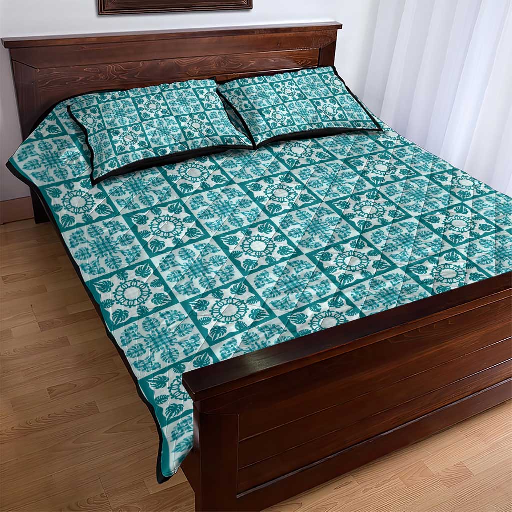 Cyan Palaka Quilt Hawaii Quilt Bed Set Hawaiian Tropical Monstera Sea Turtle